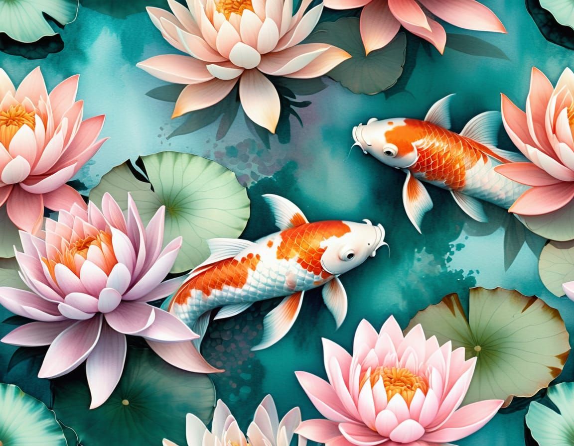 Impressionist Koi Fish in Lotus Pond