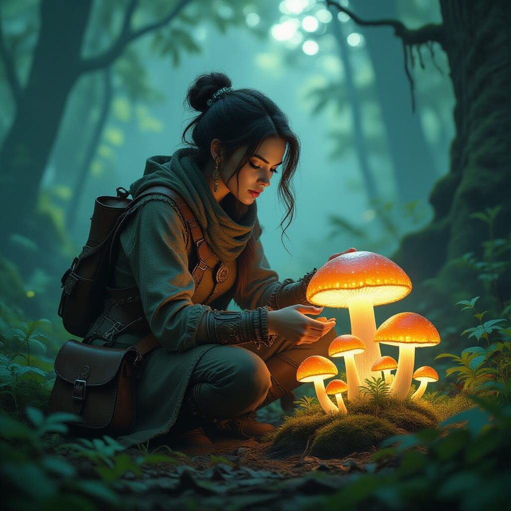 Steampunk Vagabond Tending Bioluminescent Fungi