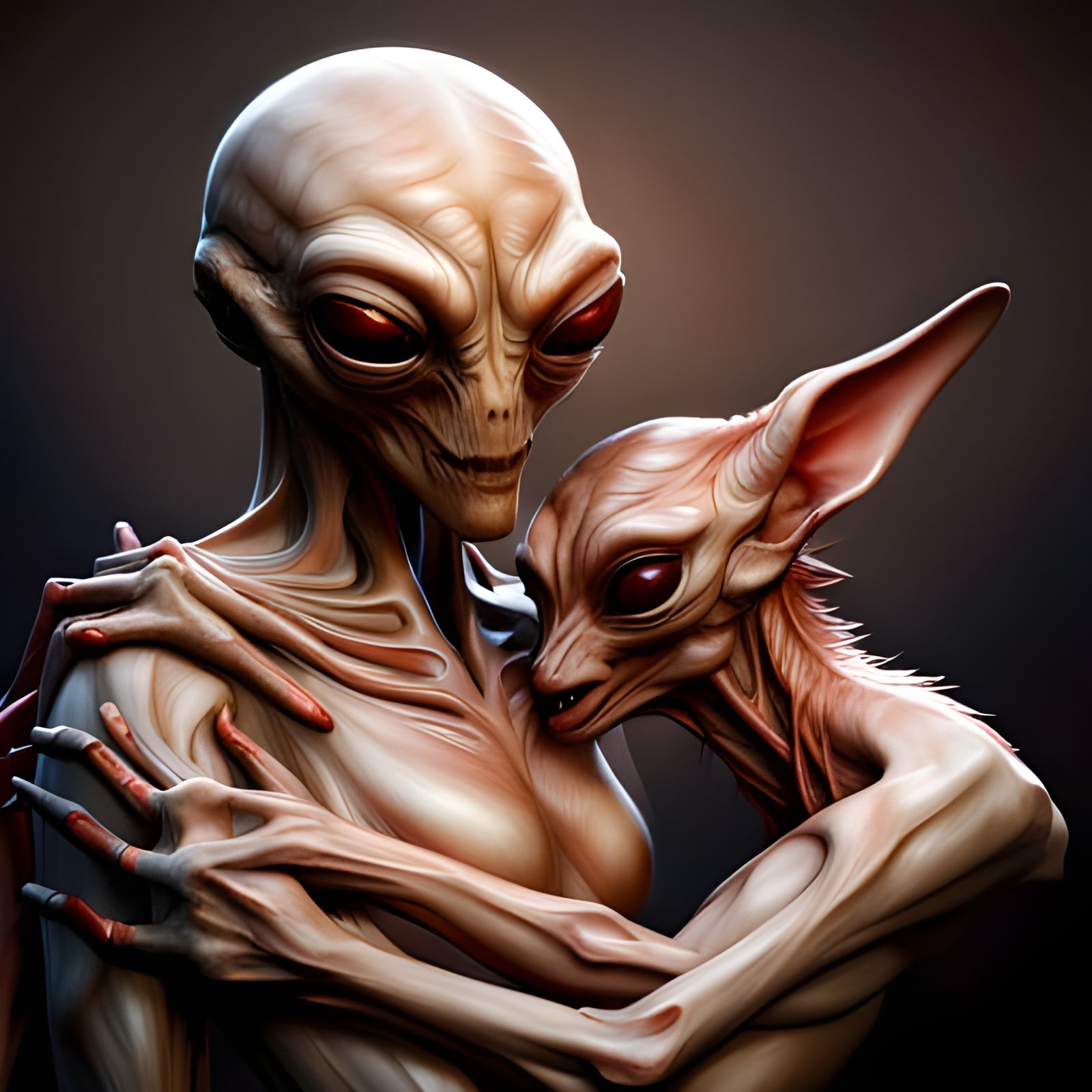 Alien Mother and Child in Detailed Photorealistic Scene