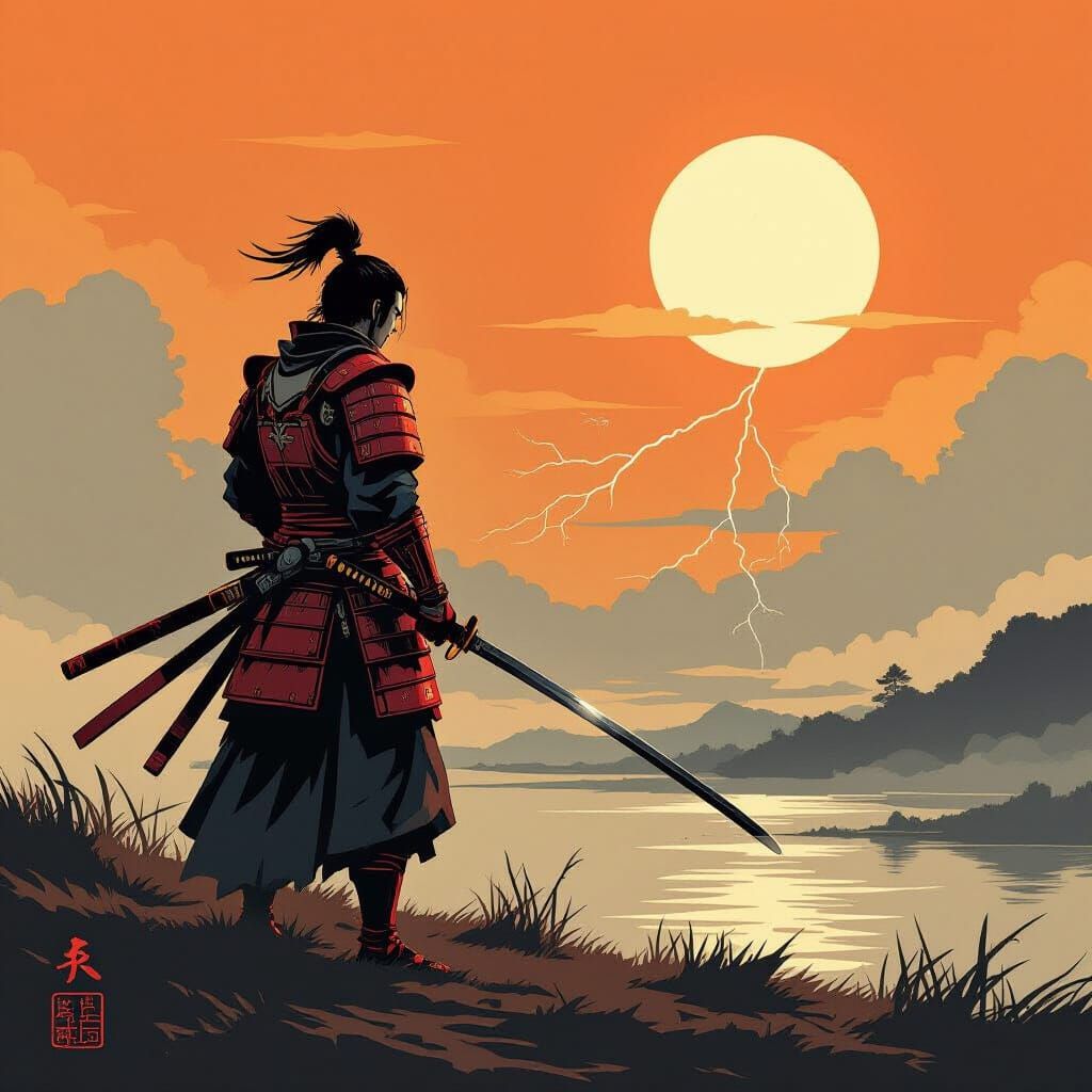 Crimson Samurai on Desolate Battlefield Under Orange Sunrise