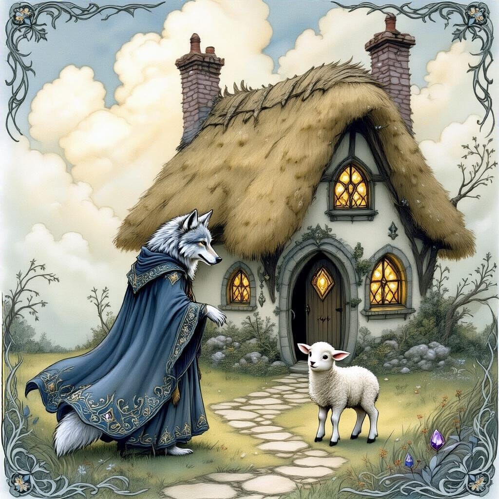 Wolf Invites Lamb to Cottage in Storybook Style