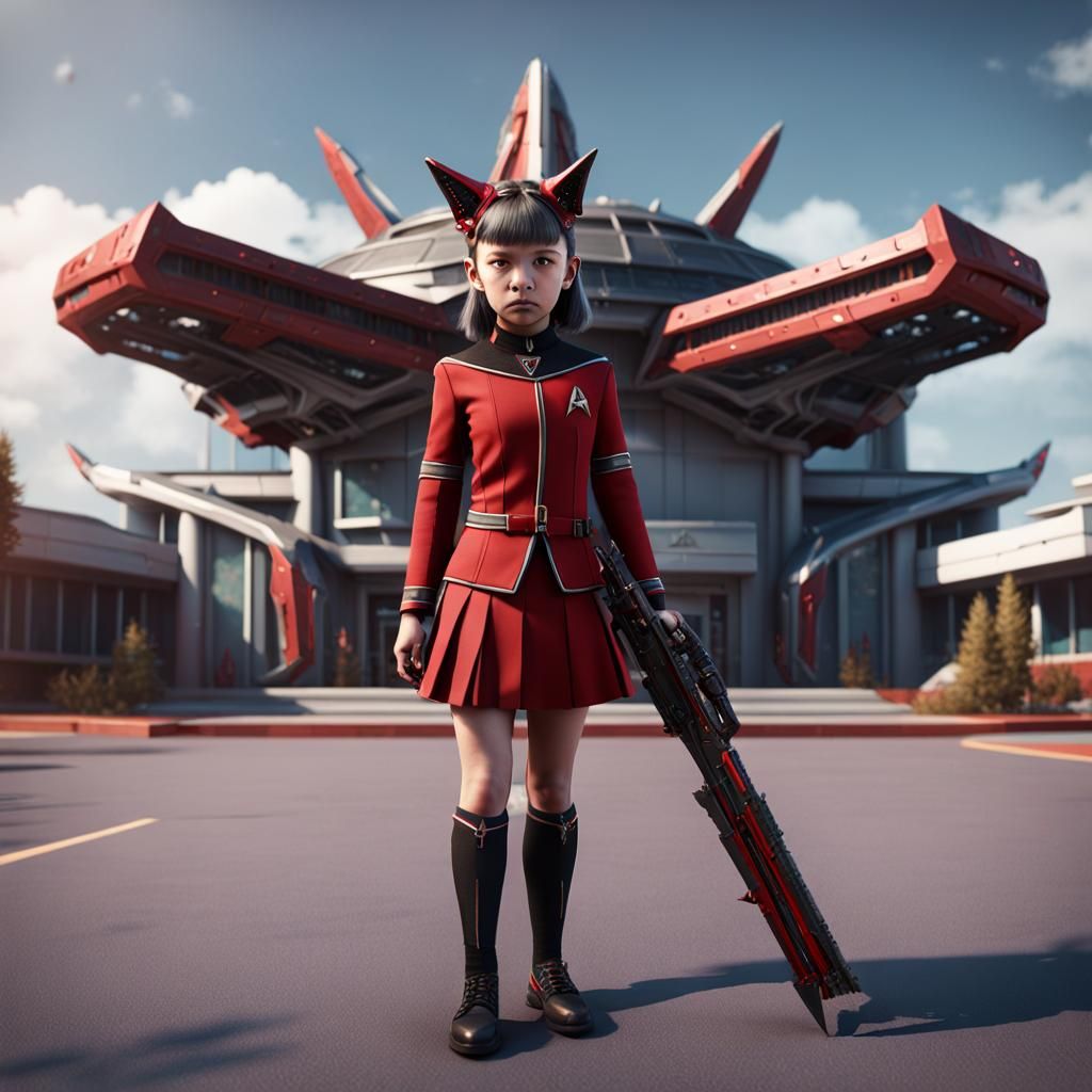 Gothic Schoolgirl in Star Trek Uniform with Bat'leth