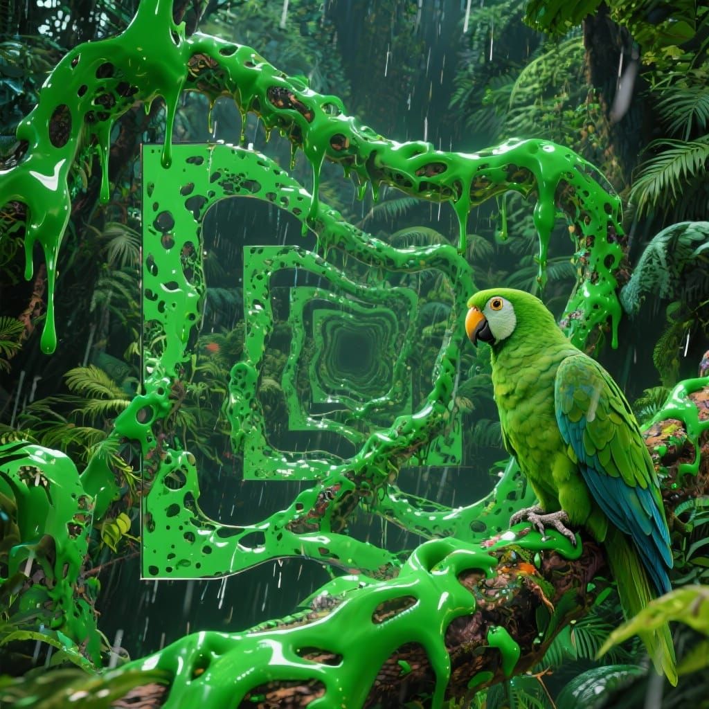 Parrot Amidst Rainforest Goo in 90s Fractal Art Style
