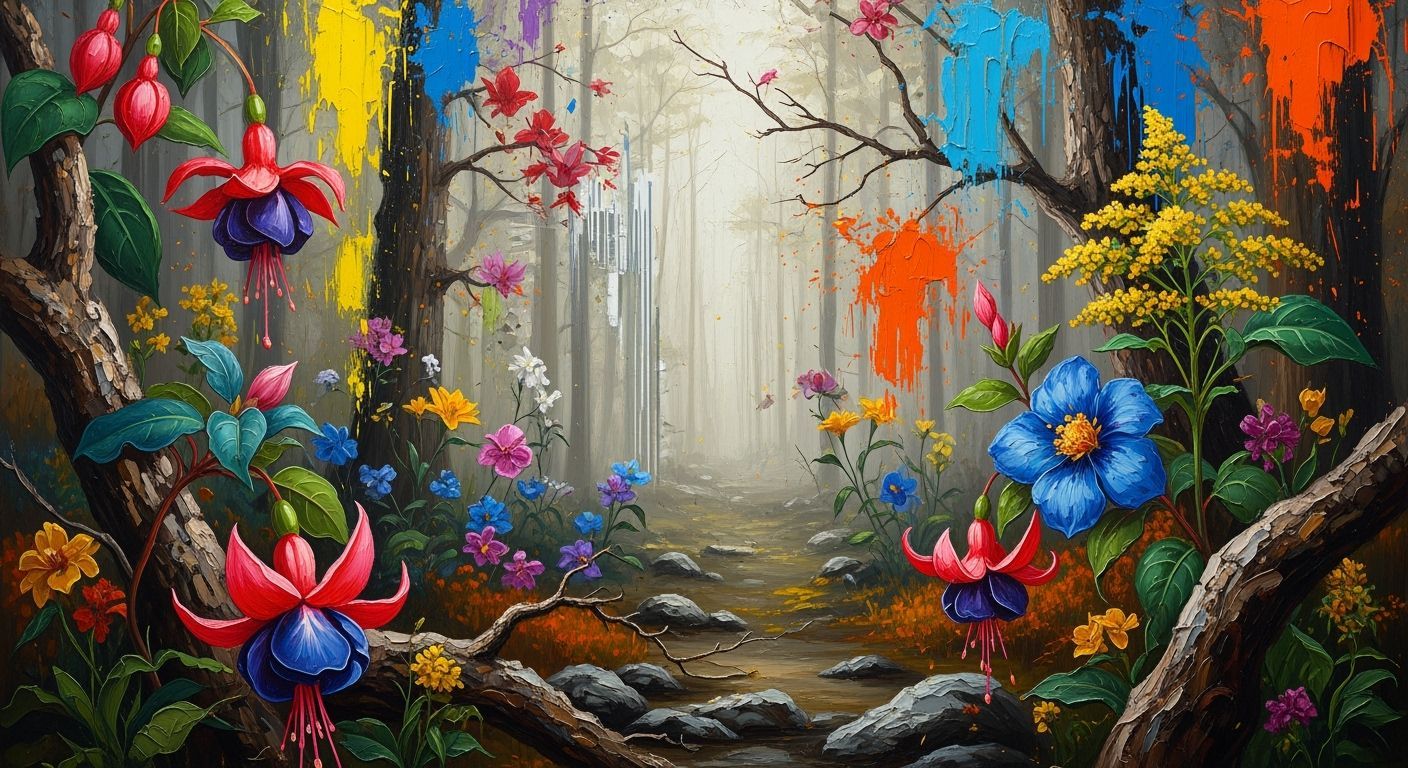 Surreal Impasto Forest with Abstract Flowers