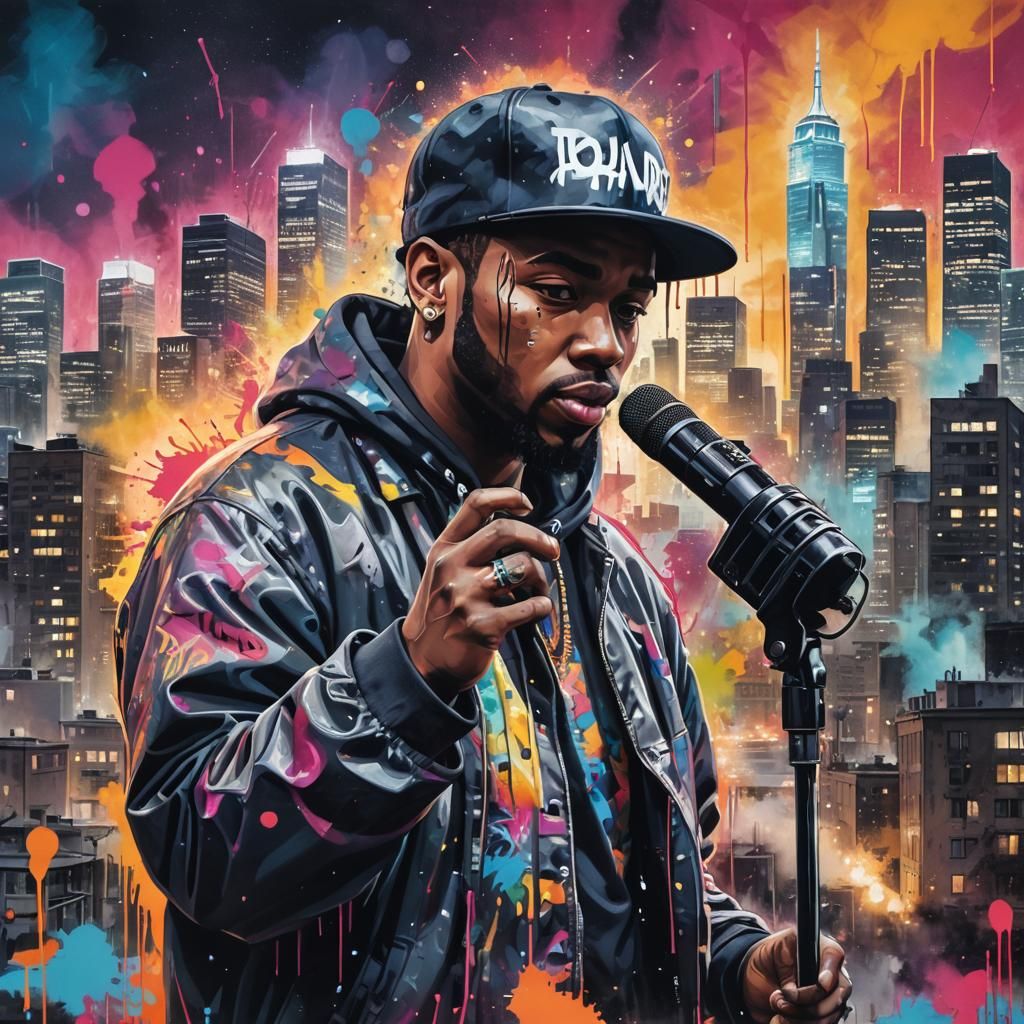 Rapper and City Skyline in Graffiti Street Art Style