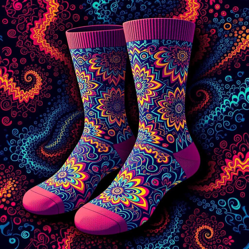 Psychedelic Socks with Optical Illusion in Fractal Art Style