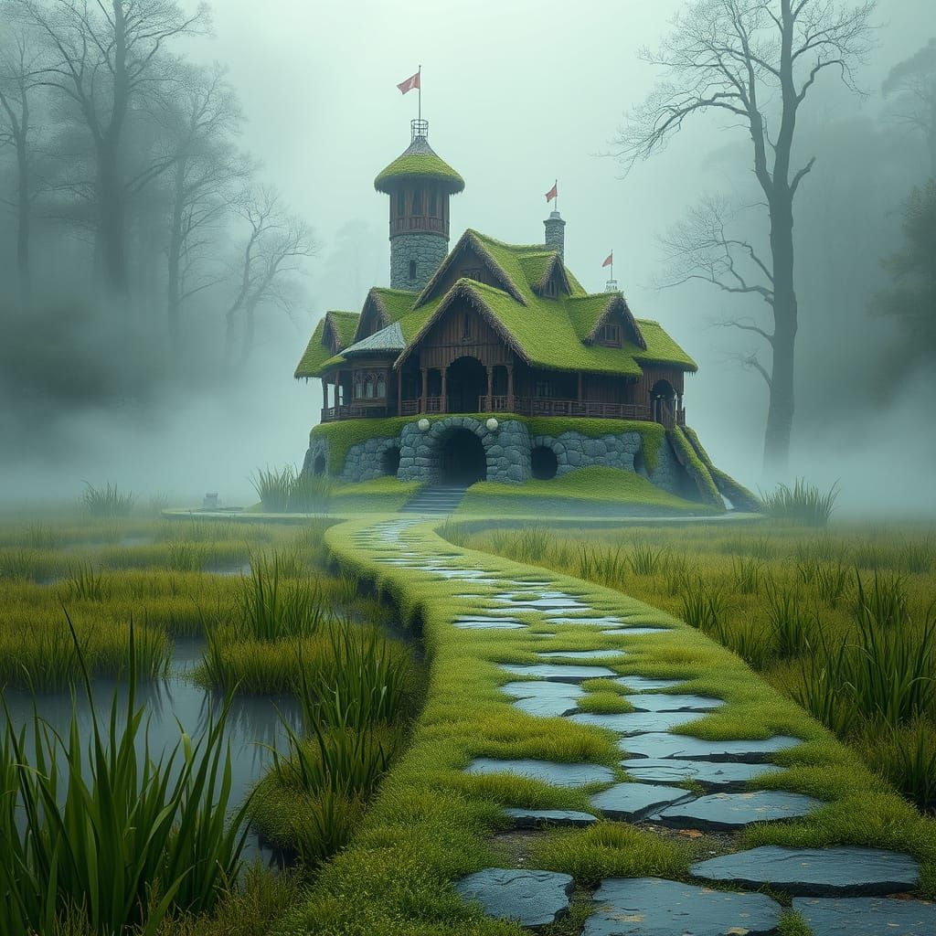 Misty Marsh Outpost with Reed Huts