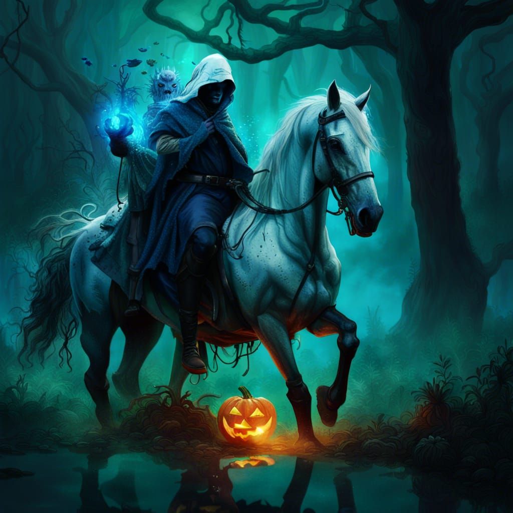 Headless Horseman with Jack O'Lantern in Swamp, Digital Art