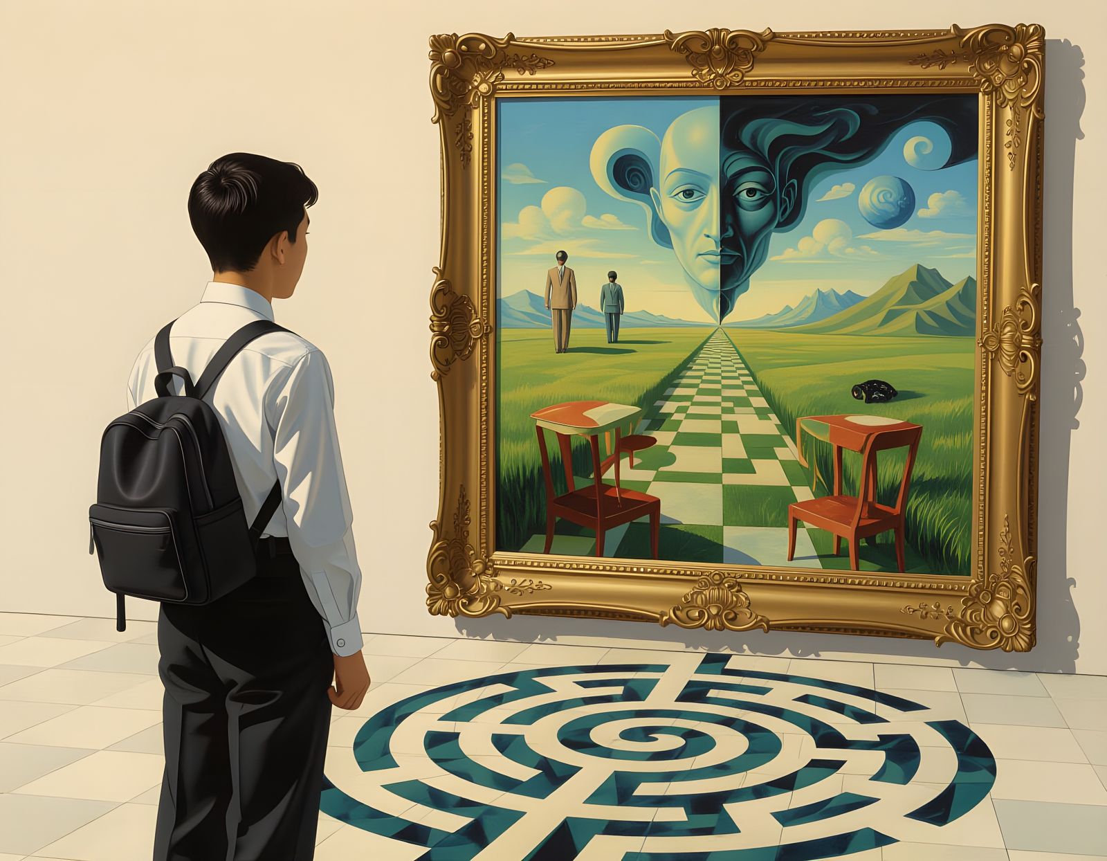 Surreal Portrait: Young Man Gazes into Labyrinth Mirror