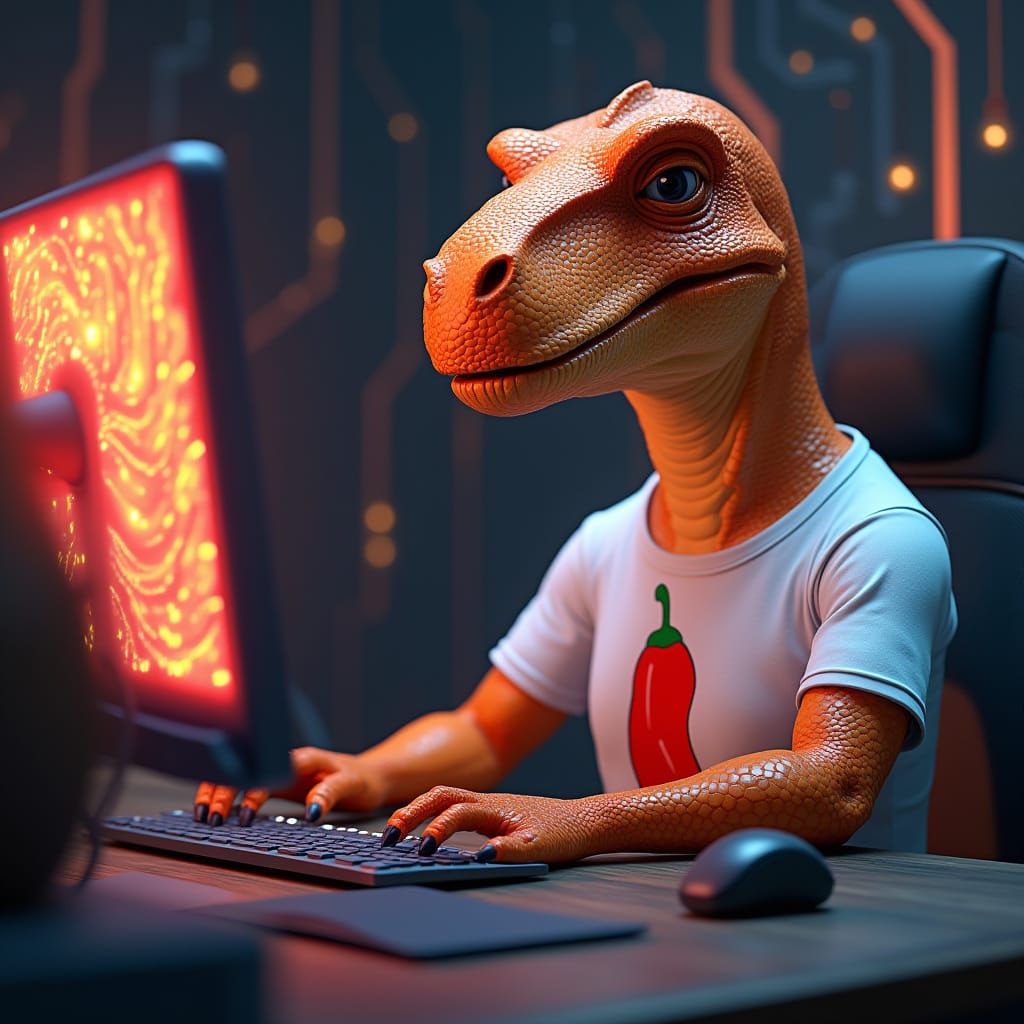 Pixar-Inspired Orange T-Rex Programmer in Futuristic Workspa...
