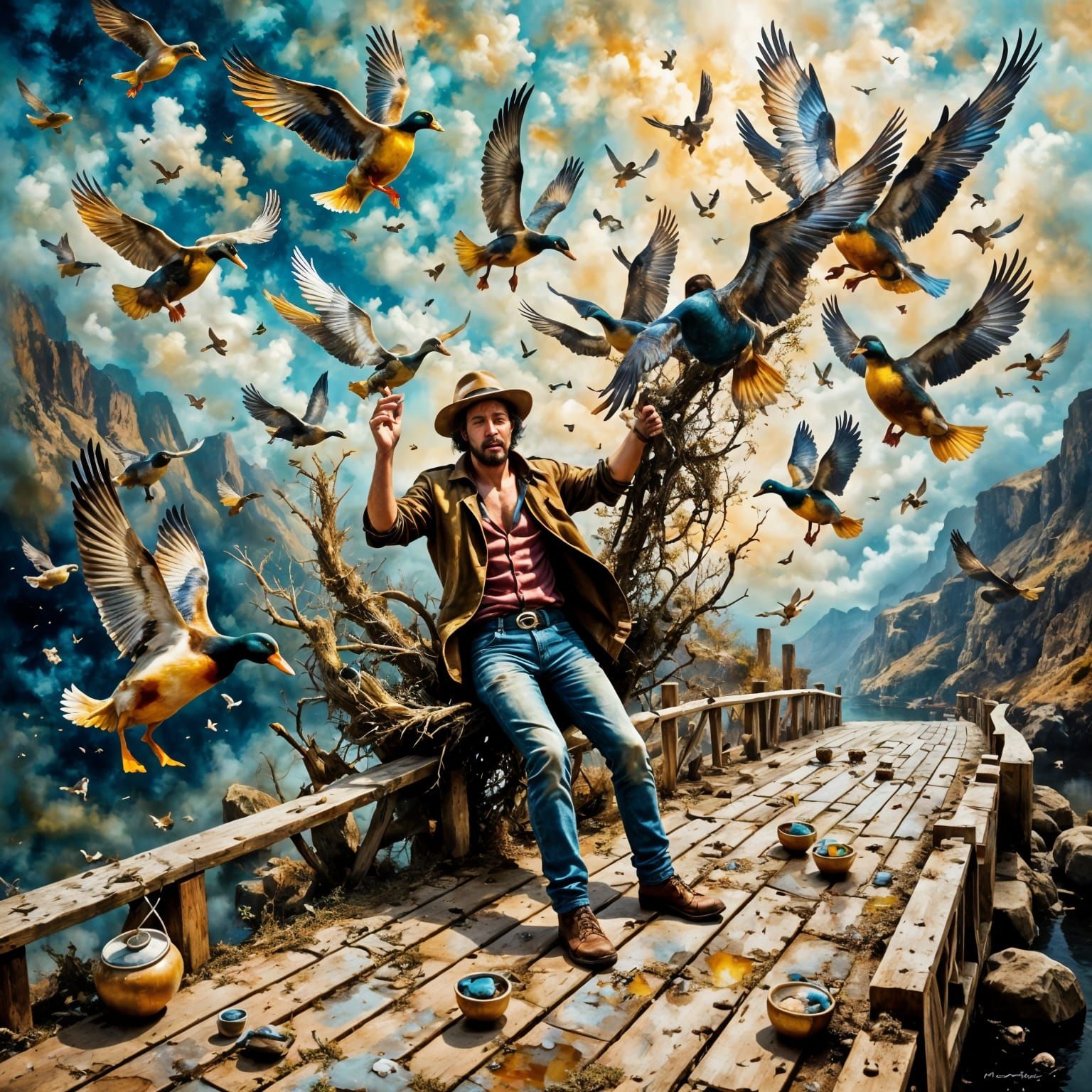 Ducks in Neo-Expressionist Attack on Fisherman