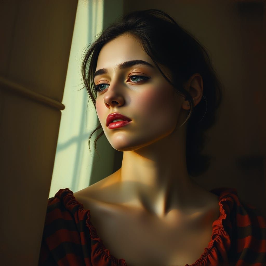 Melancholic Portrait of a Young Woman in Mixed Style