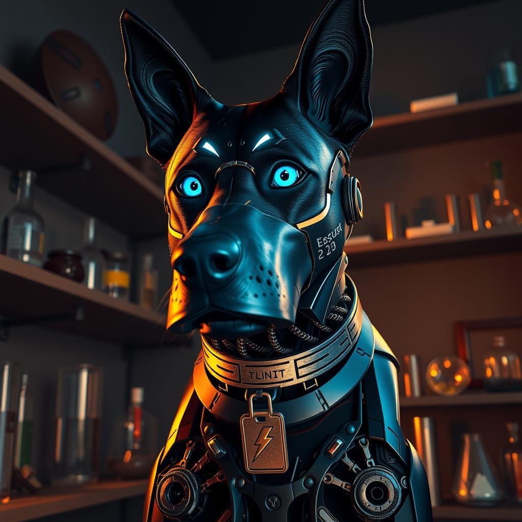 A cinematic hyperrealistic shot of a cyborg dog with bright ...