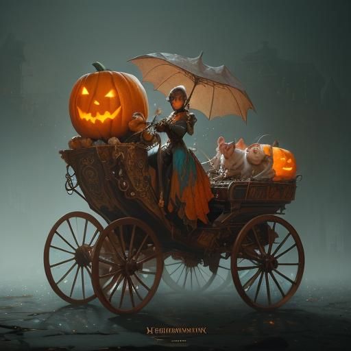 Pumpkin Carriage Pulled by Mice, Hyperdetailed Digital Art