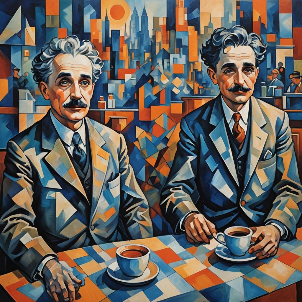 Chaplin and Einstein in Cubist Cafe Painting