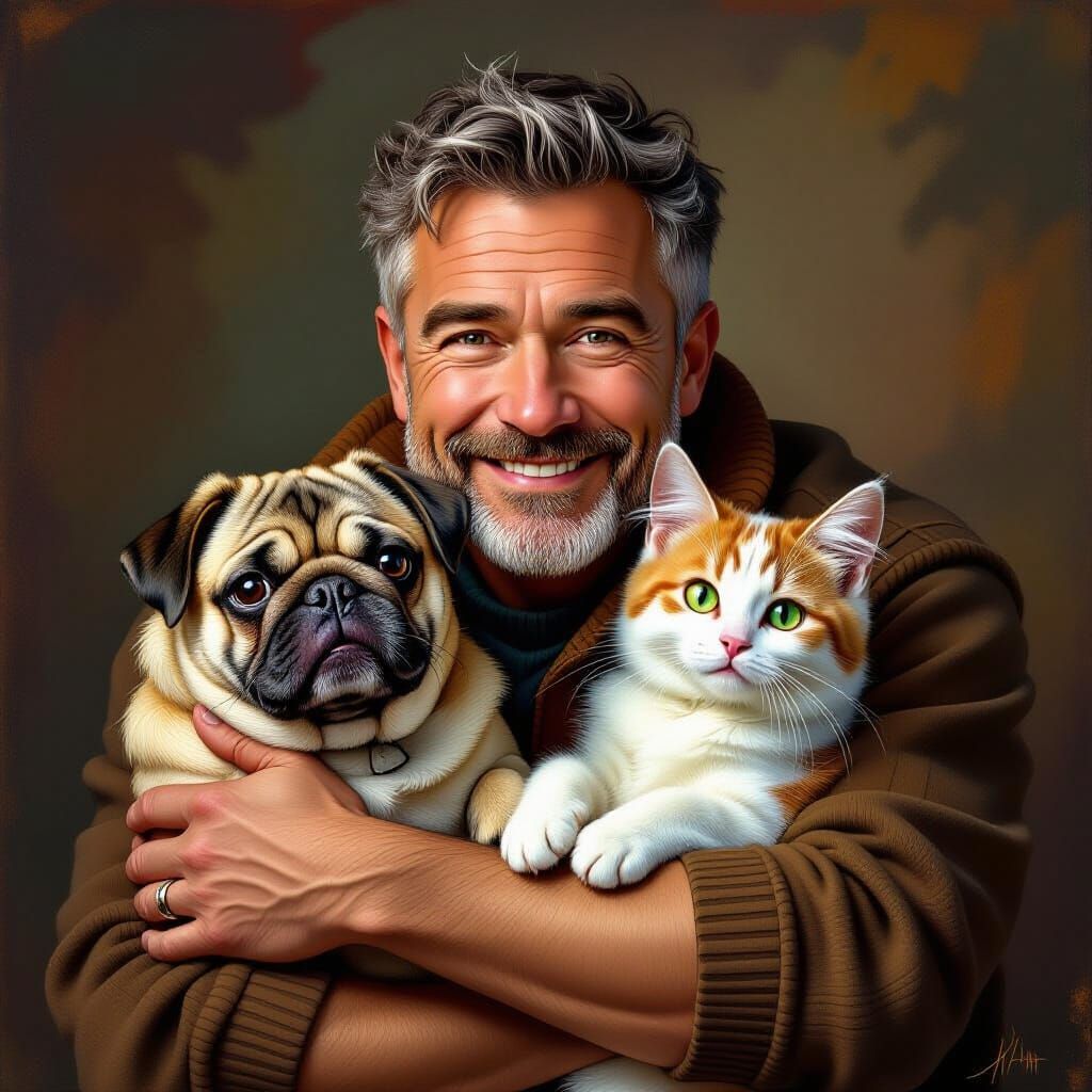 Charming Man Cradling Pets in Hyperrealistic Style