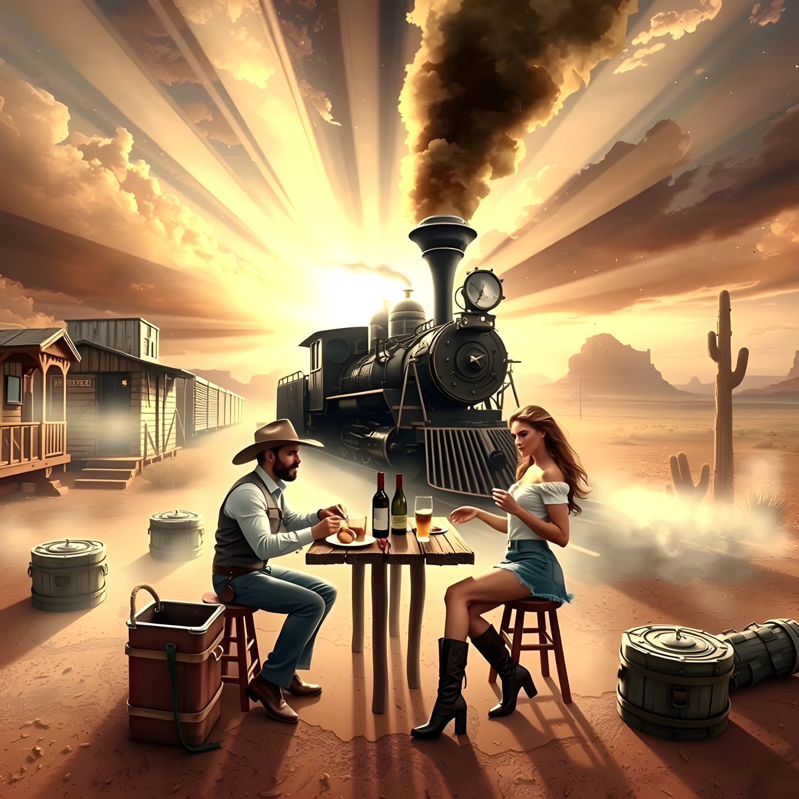 Steampunk Sheriff Savoring Sunrise with Elegant Wife