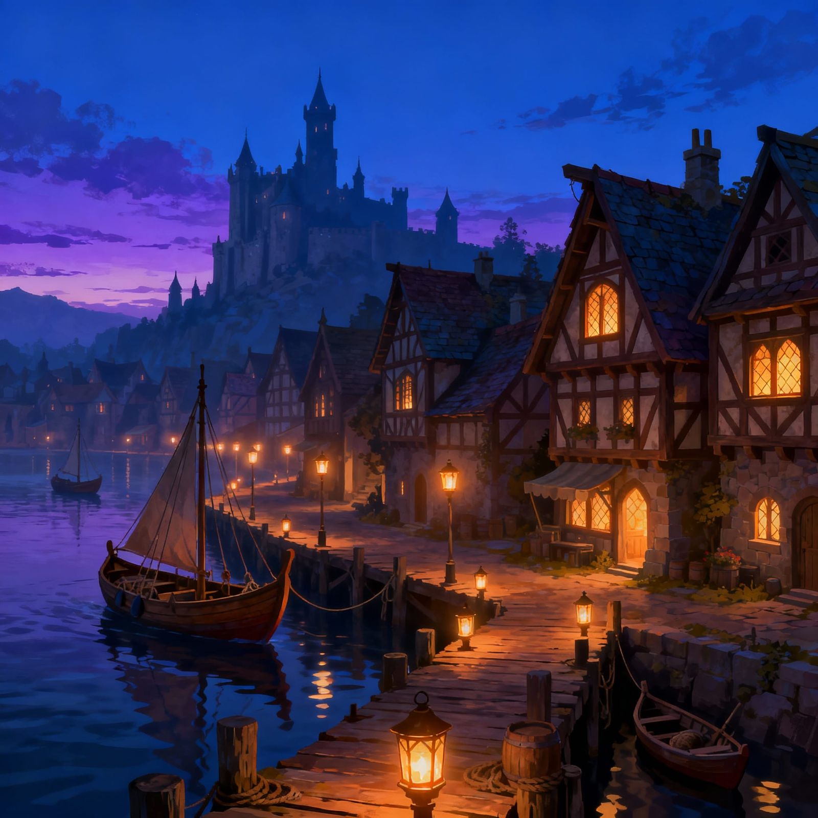 Medieval Fantasy Harbor at Twilight, Painterly Isometric Sty...