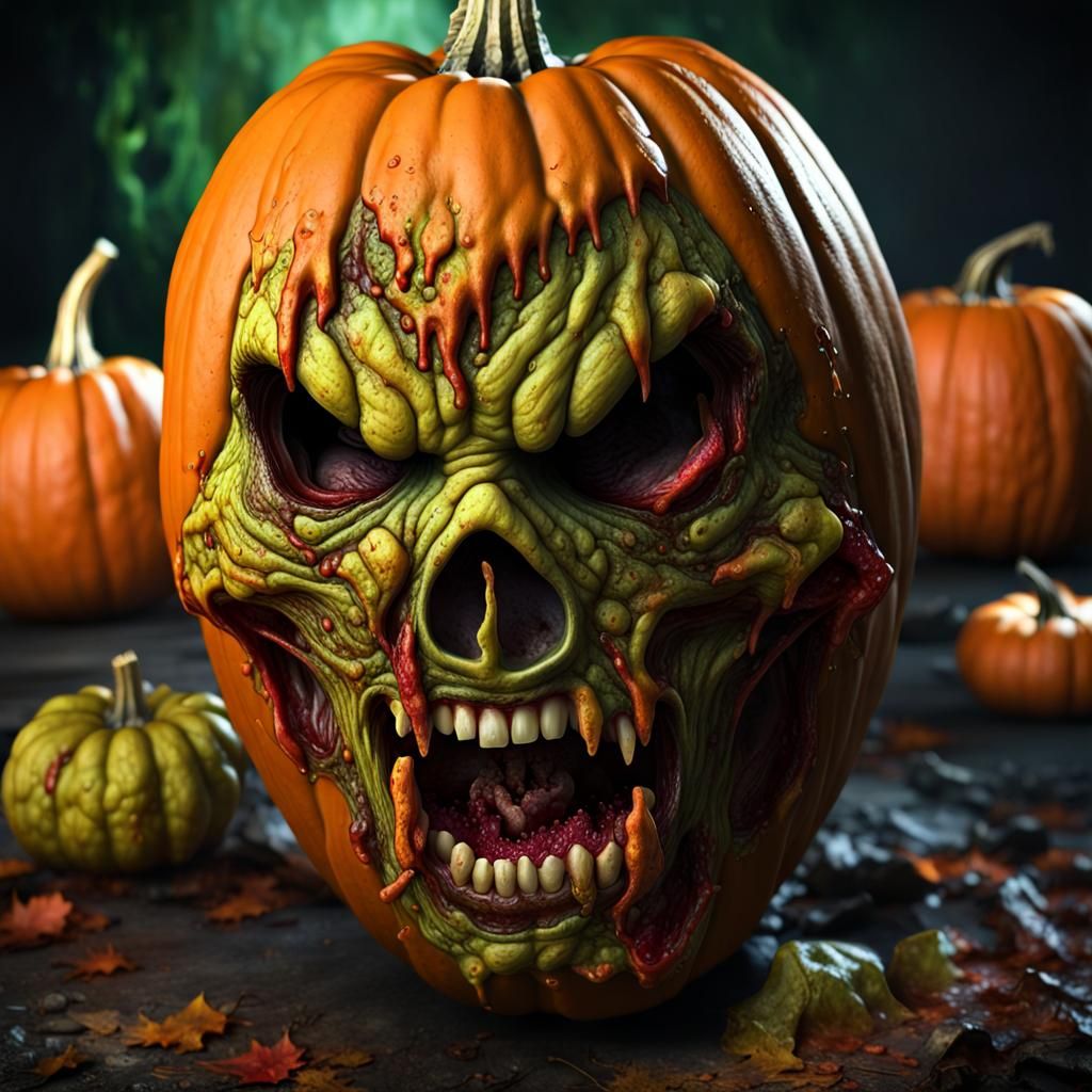 Gutted Zombie Pumpkin Head in Dark Fantasy Style