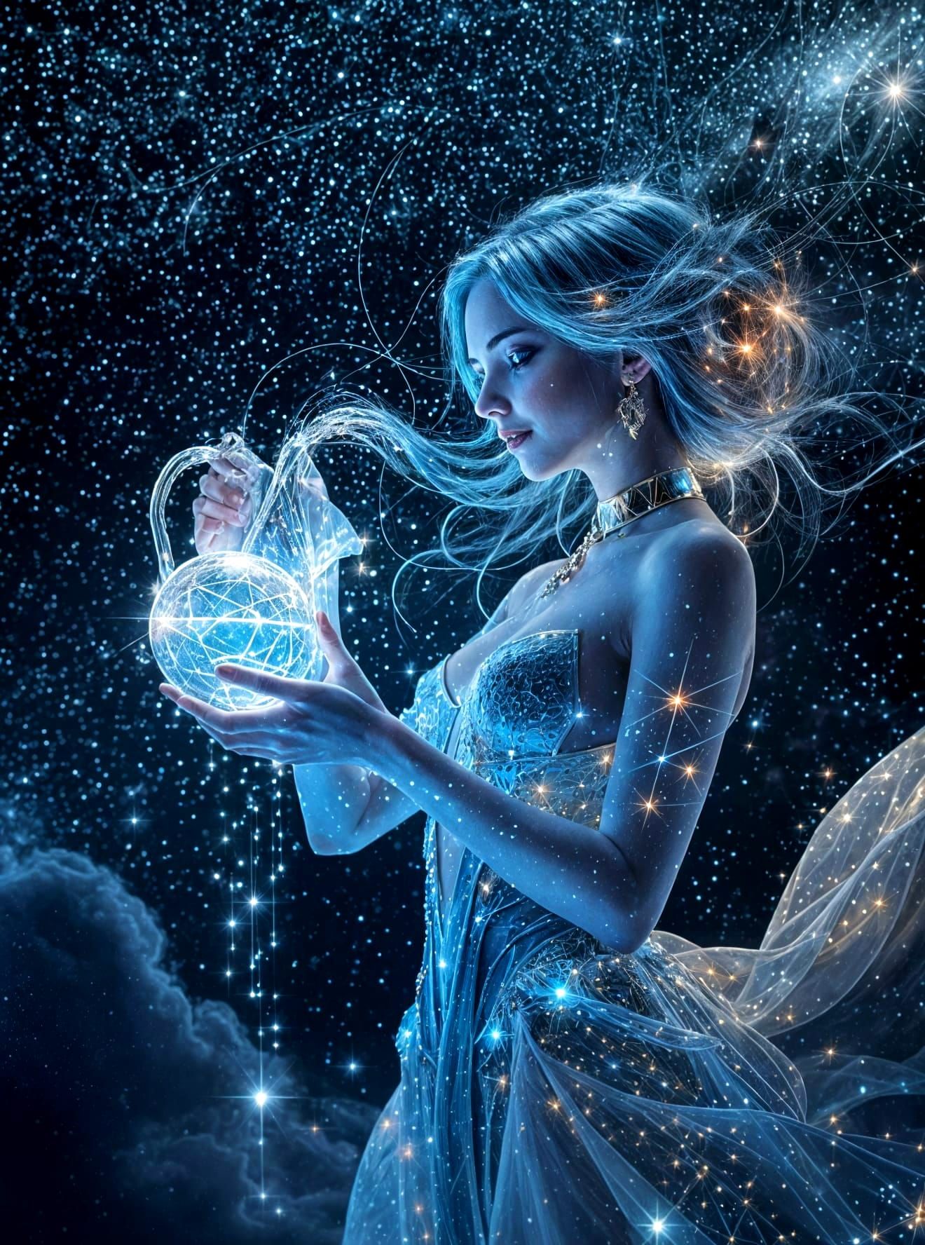 Aquamarine Water Bearer Girl with Constellation Skin
