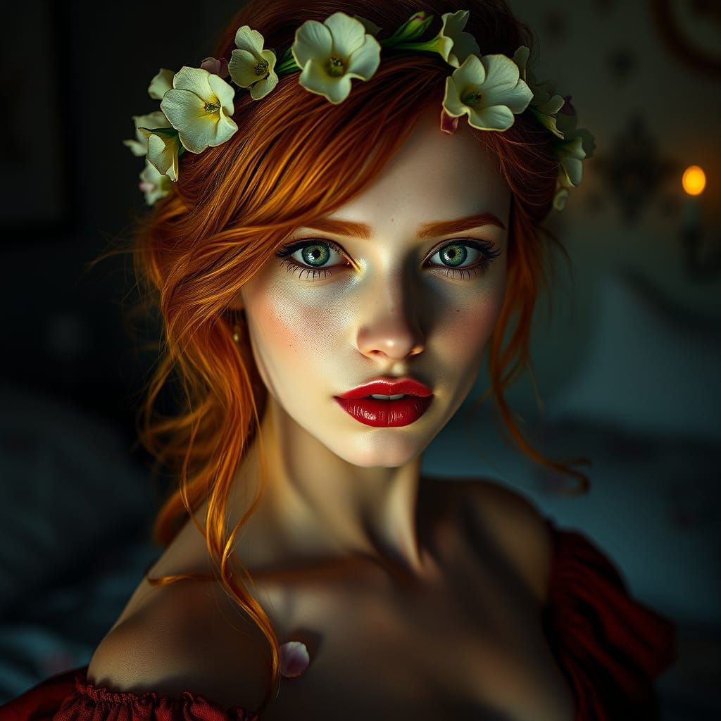 Sensual Ginger Goddess in Honey-Drenched Bedroom