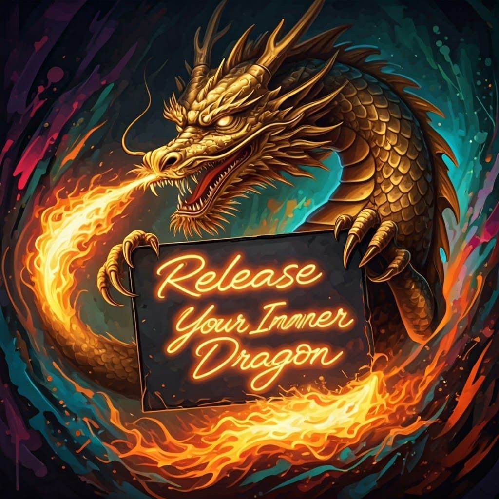Golden Dragon Emerges from Neon Flames in Street Art