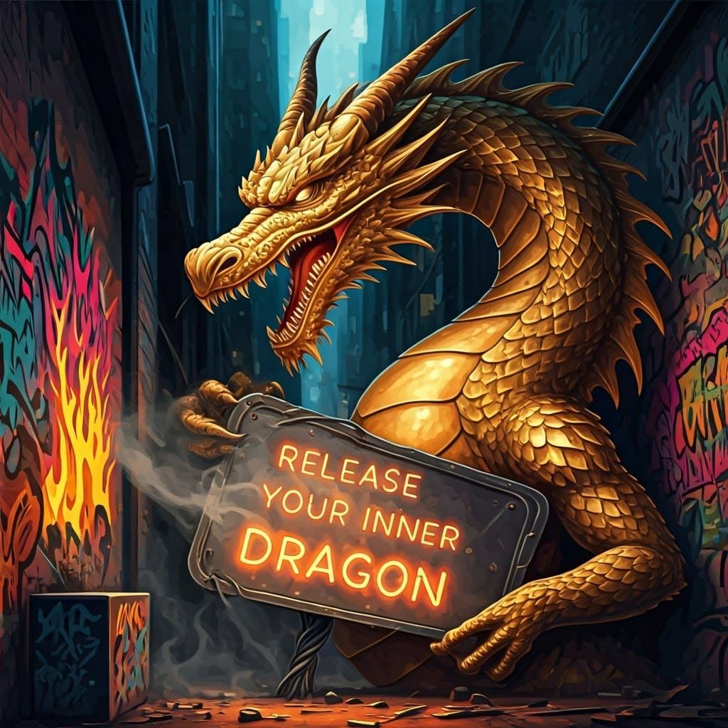 Golden Dragon in Graffiti Alley as Digital Art