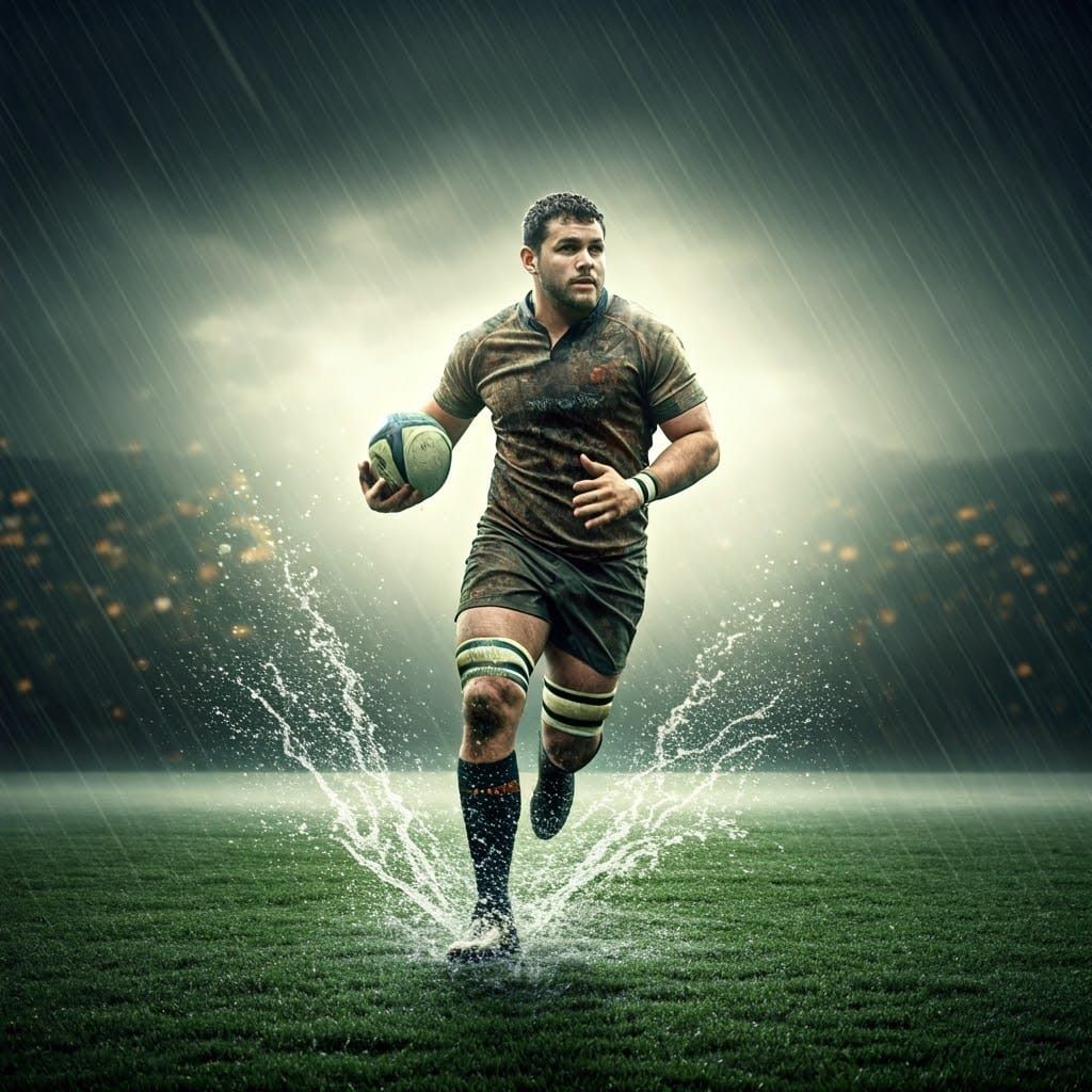 Rugby Player Chases Victory in Rainy Stadium