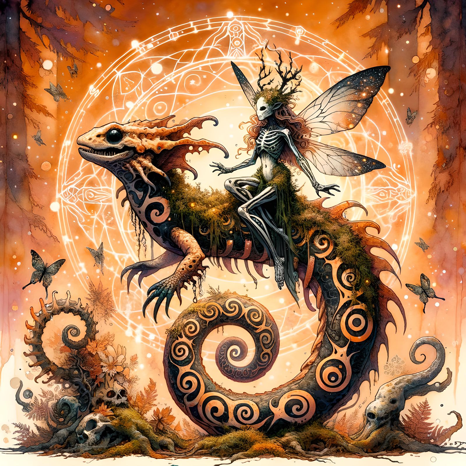 Mystic Salamander-Squid Creature with Fairy, Watercolor Styl...