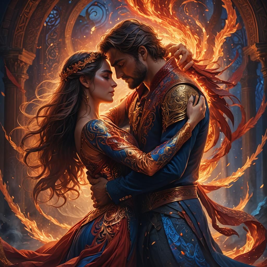 Passionate Lovers Embrace in Fiery Fantasy Art