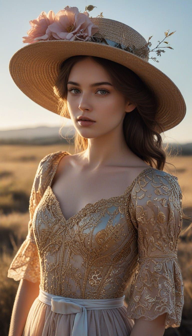 Glowing Woman in Vintage Sunset Attire with Brass Clockwork ...