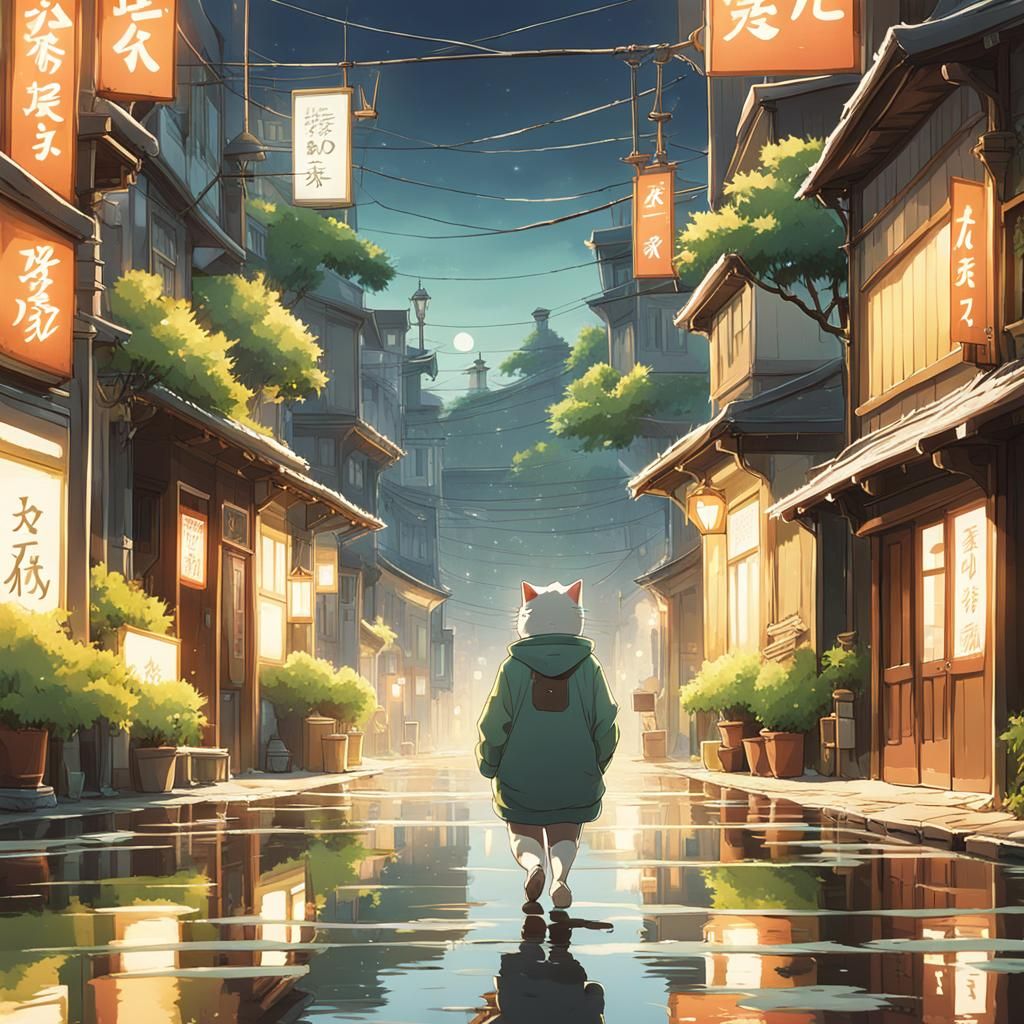 Cat in Hoodie: Studio Ghibli Anime Visual