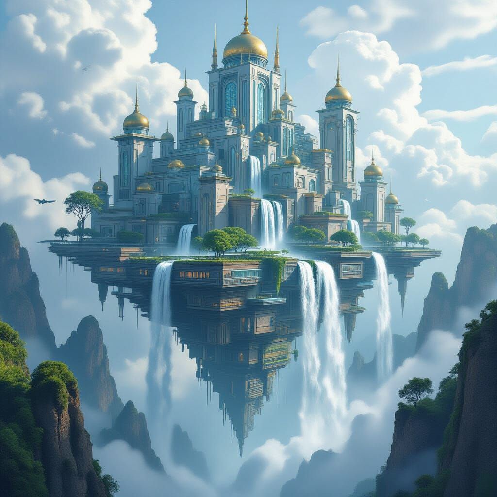Dystopian Floating City with Waterfalls