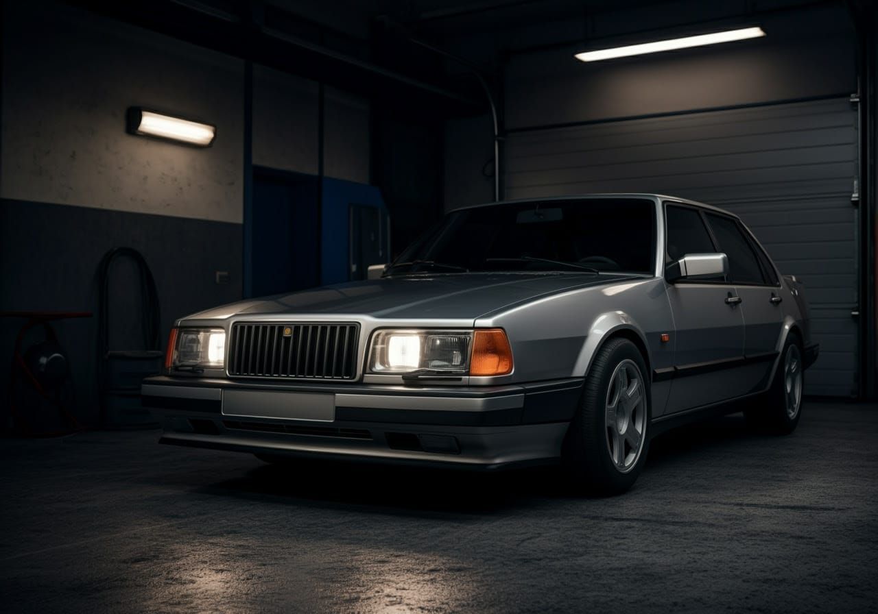Sleek 90s Sweden Family Sedan in Retro Garage