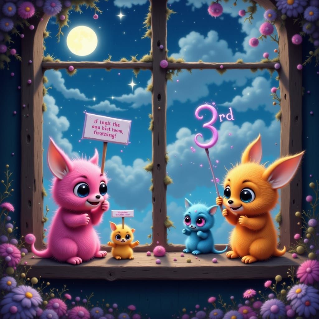 Playful Monsters Celebrate on Starry Night