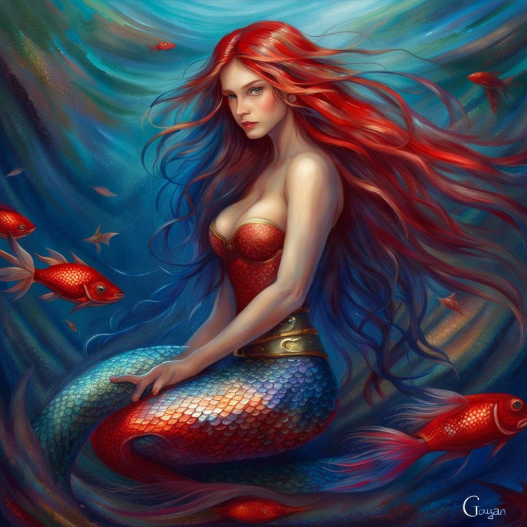 Beautiful Red-Haired Mermaid in Impressionist Style