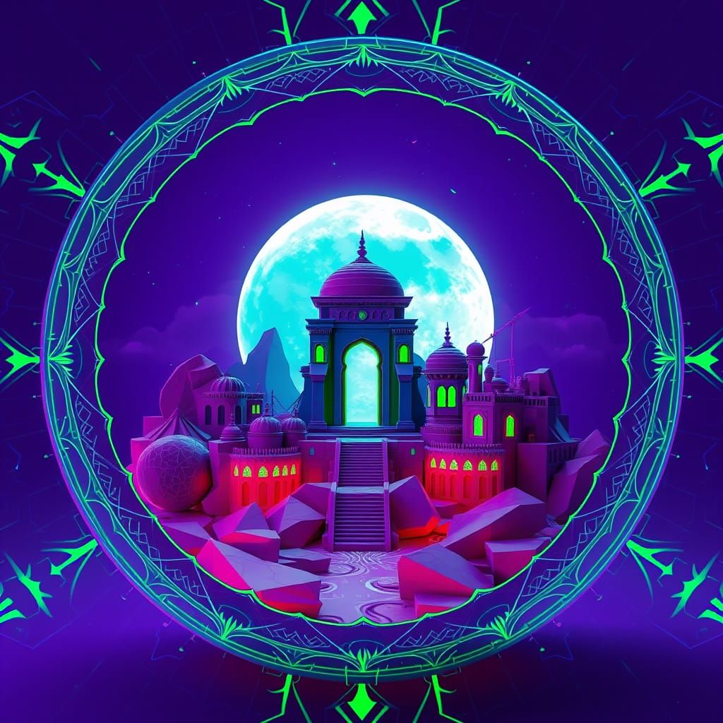 Low Poly Arabic City in Glass Globe with Synthwave Moon