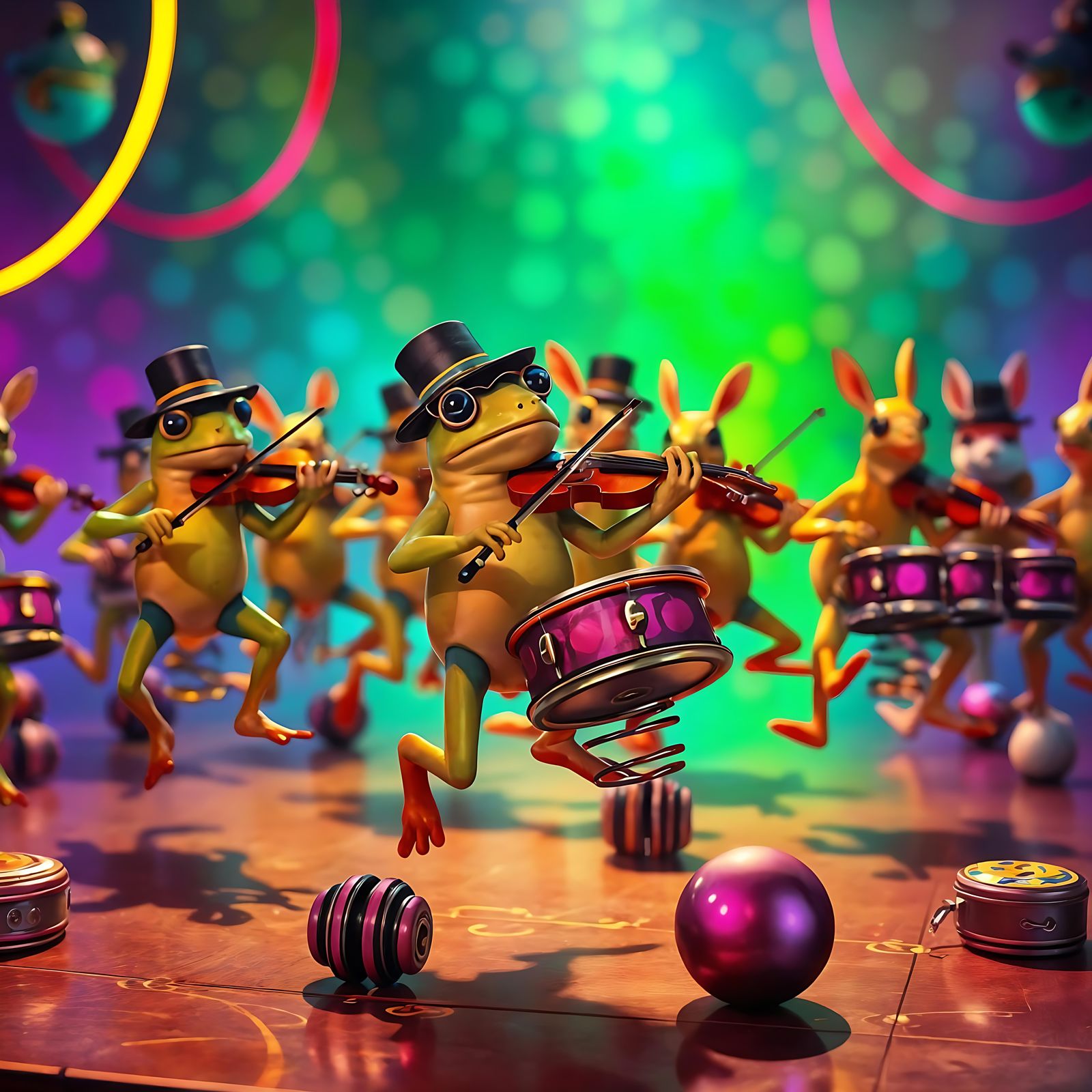 Whimsical Orchestra of Hopping Creatures in Neon Light