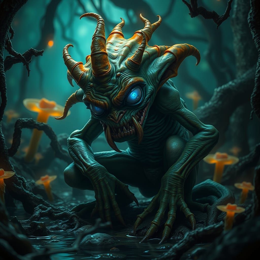 Grotesque Stink Goblin in Bioluminescent Swamp