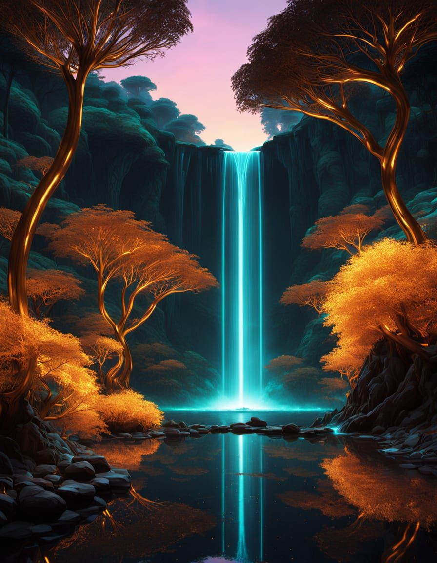 Bioluminescent Fountain in Metallic Sci-Fi Forest