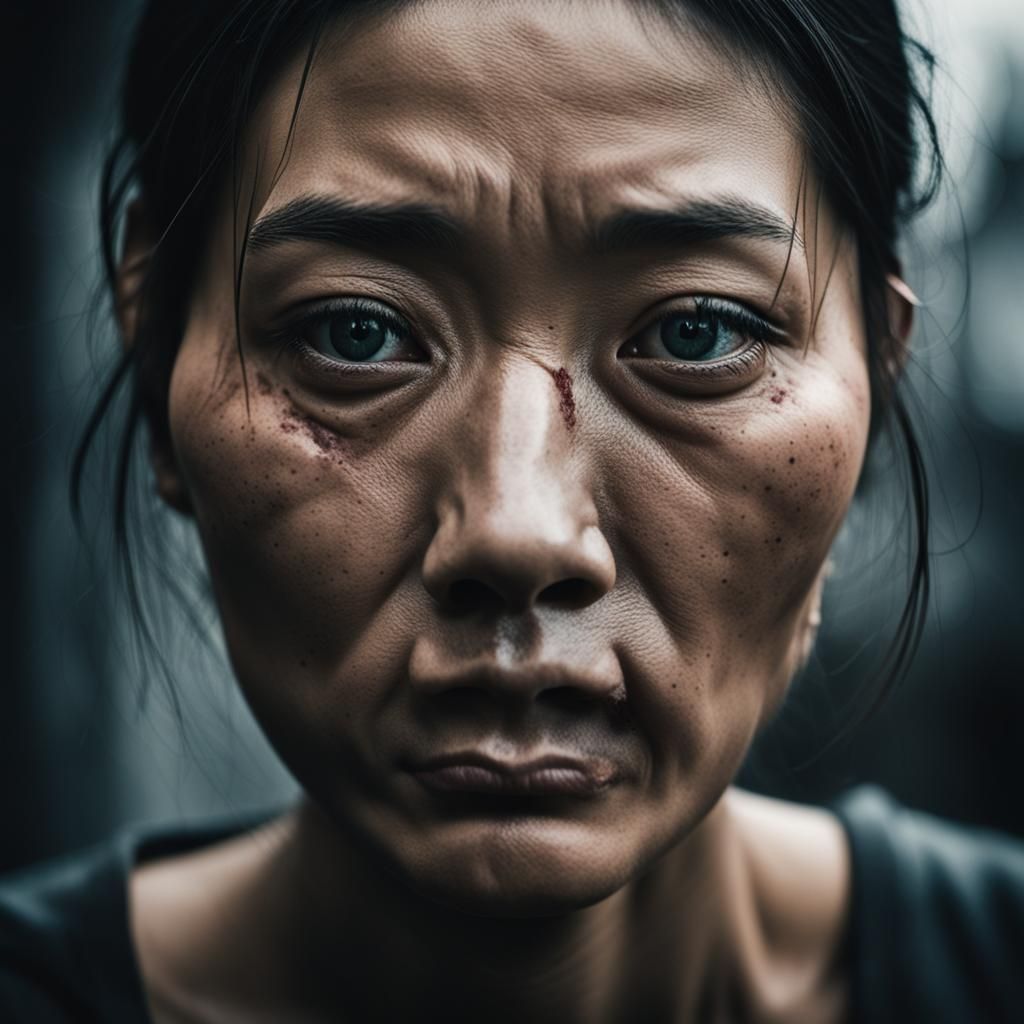 Expressive Portrait of Despairing Asian Girl