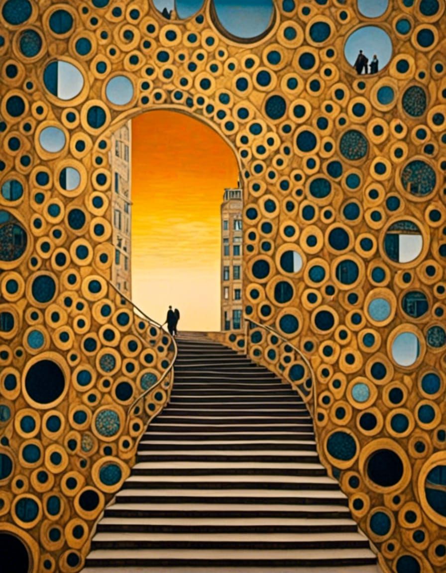 Surreal Staircase with Golden Sunset in Escher Style