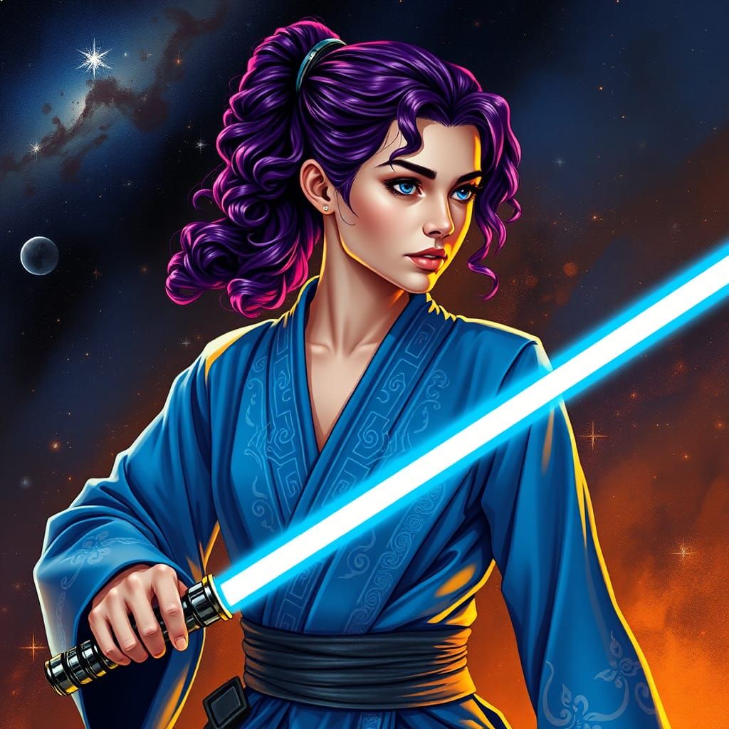 Female Jedi with Purple Hair in Futuristic Galaxy