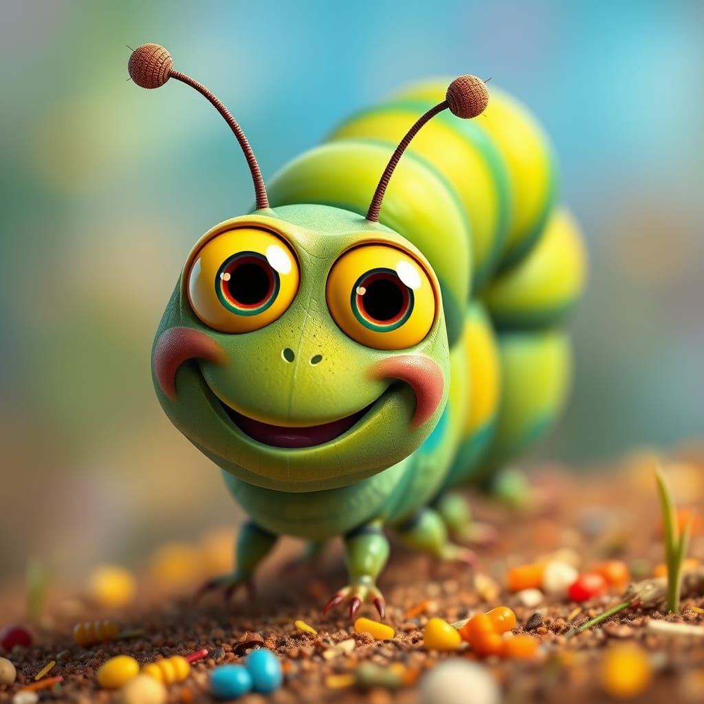 Excited Caterpillar in Playful Digital Art Style