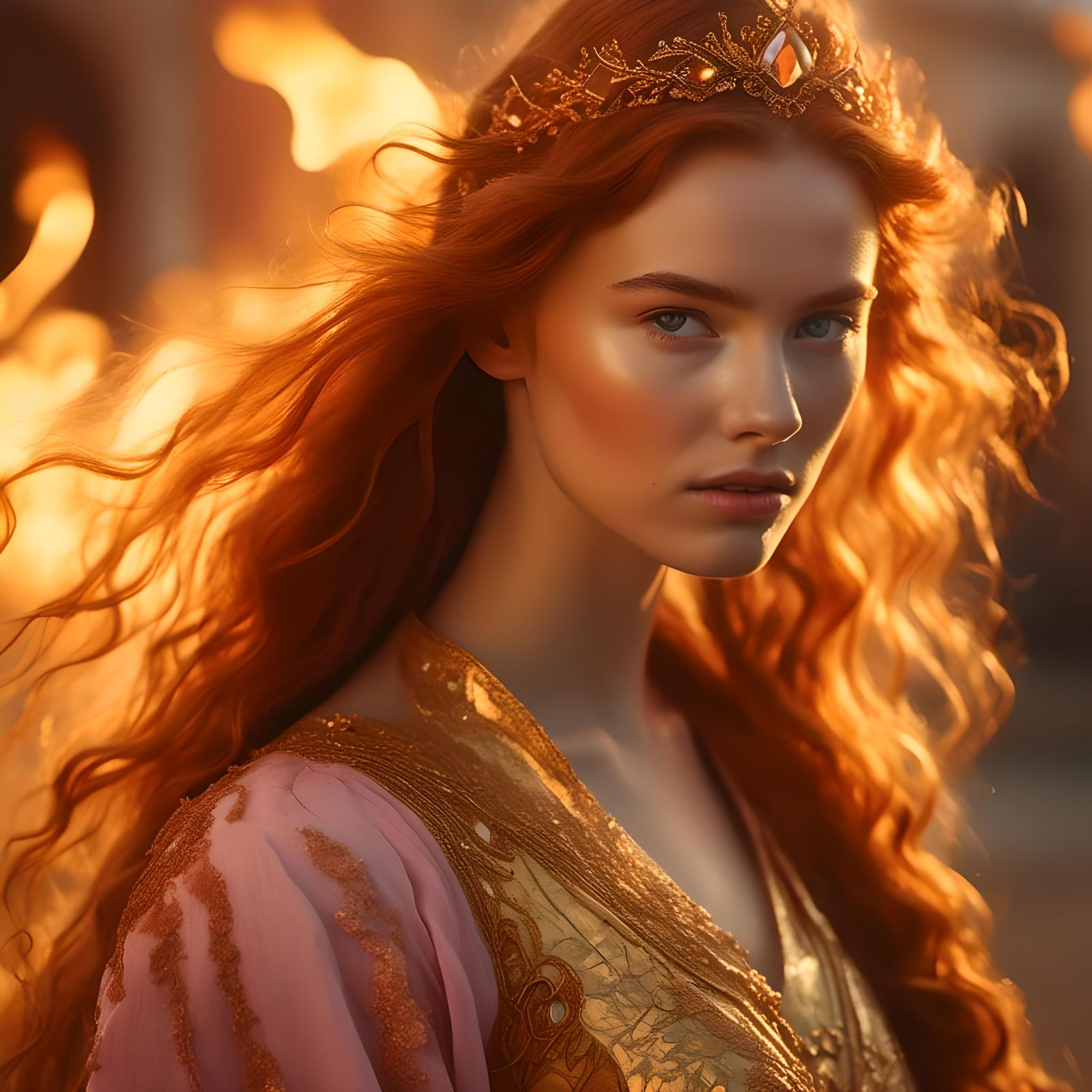 European Woman with Auburn Hair and Intense Gaze