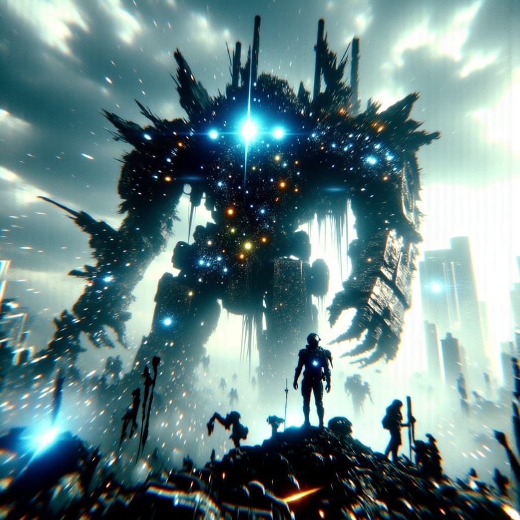 Mecha-Robot Silhouette Over Ruined Dystopian Cityscape