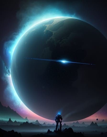 Robot Stares Through Smoke at Spaceships in Vivid Space Scen...