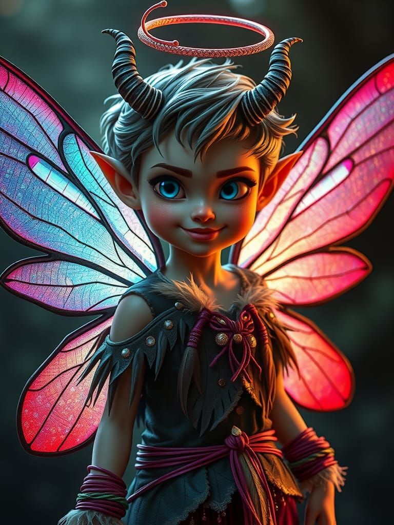 Mischievous Fairy with Dragonfly Wings and Broken Halo