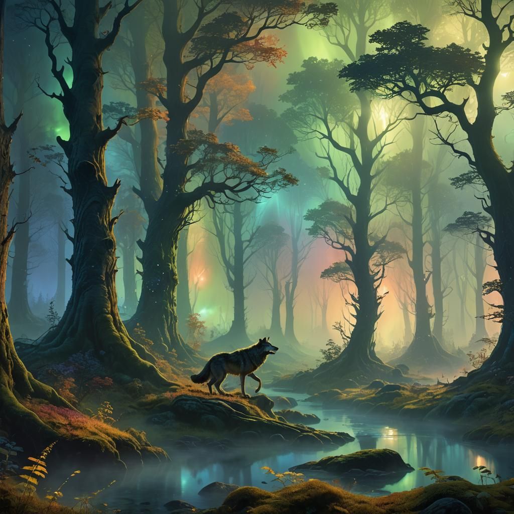Wolves Leaping from Magical Forest Under Northern Lights