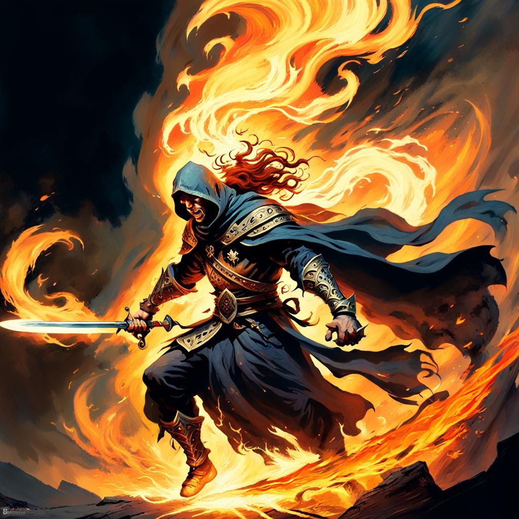 Sorcerer with Flamesword in Dynamic Fantasy Art